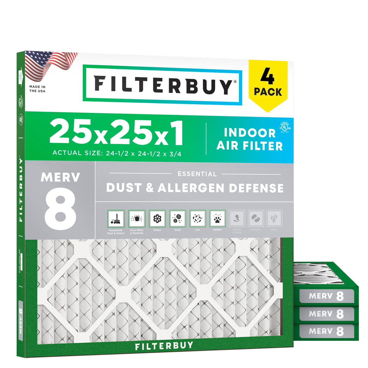 25x25x1 Air Filter MERV 8 Dust & Allergy Defense (4-Pack)