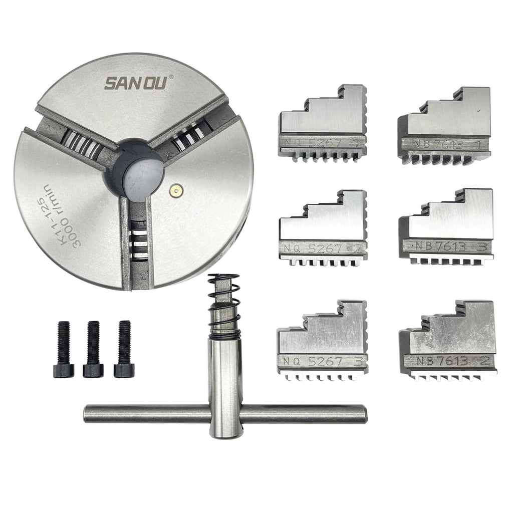 K11-125 5" 3 Jaw Self-Centering Lathe Chuck | 125mm Hardened Steel Scroll Chuck with Dual Jaw Sets (Internal 2.5-40mm/External 38-110mm) | 8x16 Mini Lathe, CNC & Milling Machines (K11-125)