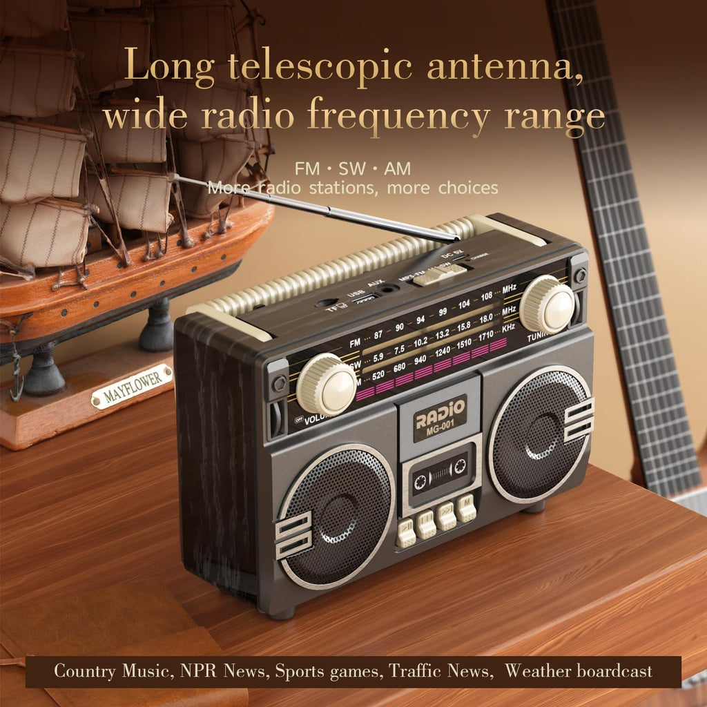 AM FM Radio Portable Shortwave Retro Radio Bluetooth Speaker | USB-C Rechargeable,Double Loudspeaker,Reception, Large