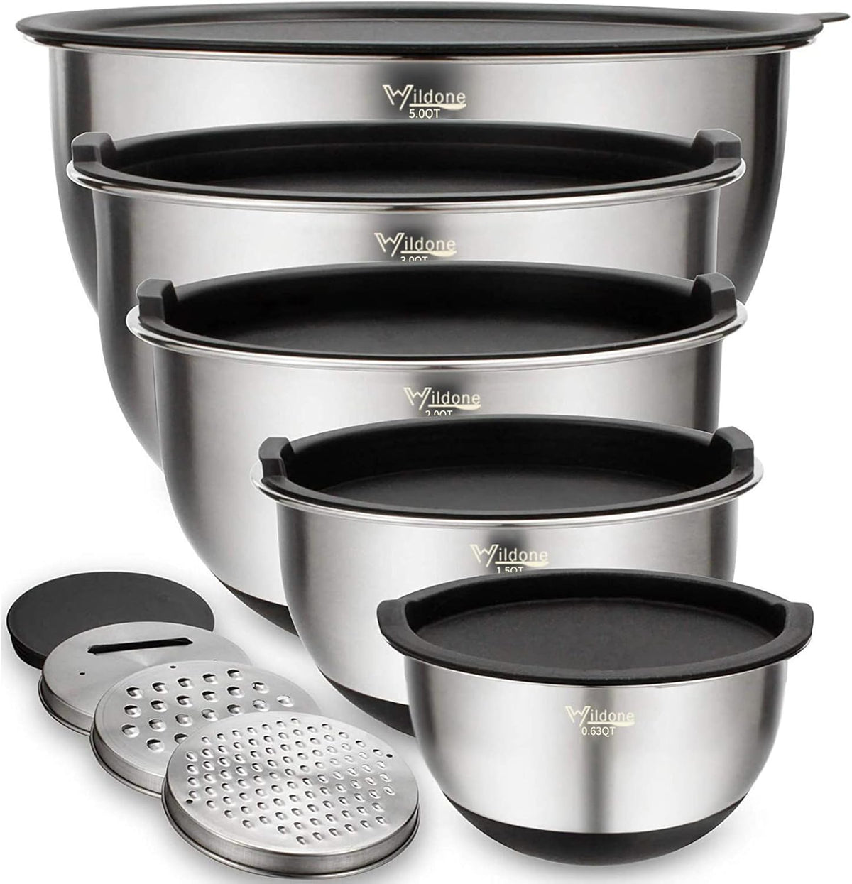 Mixing Bowls with Airtight Lids Set, 5PCS Stainless Steel Nesting Bowls for Kitchen, with Grater Attachments &