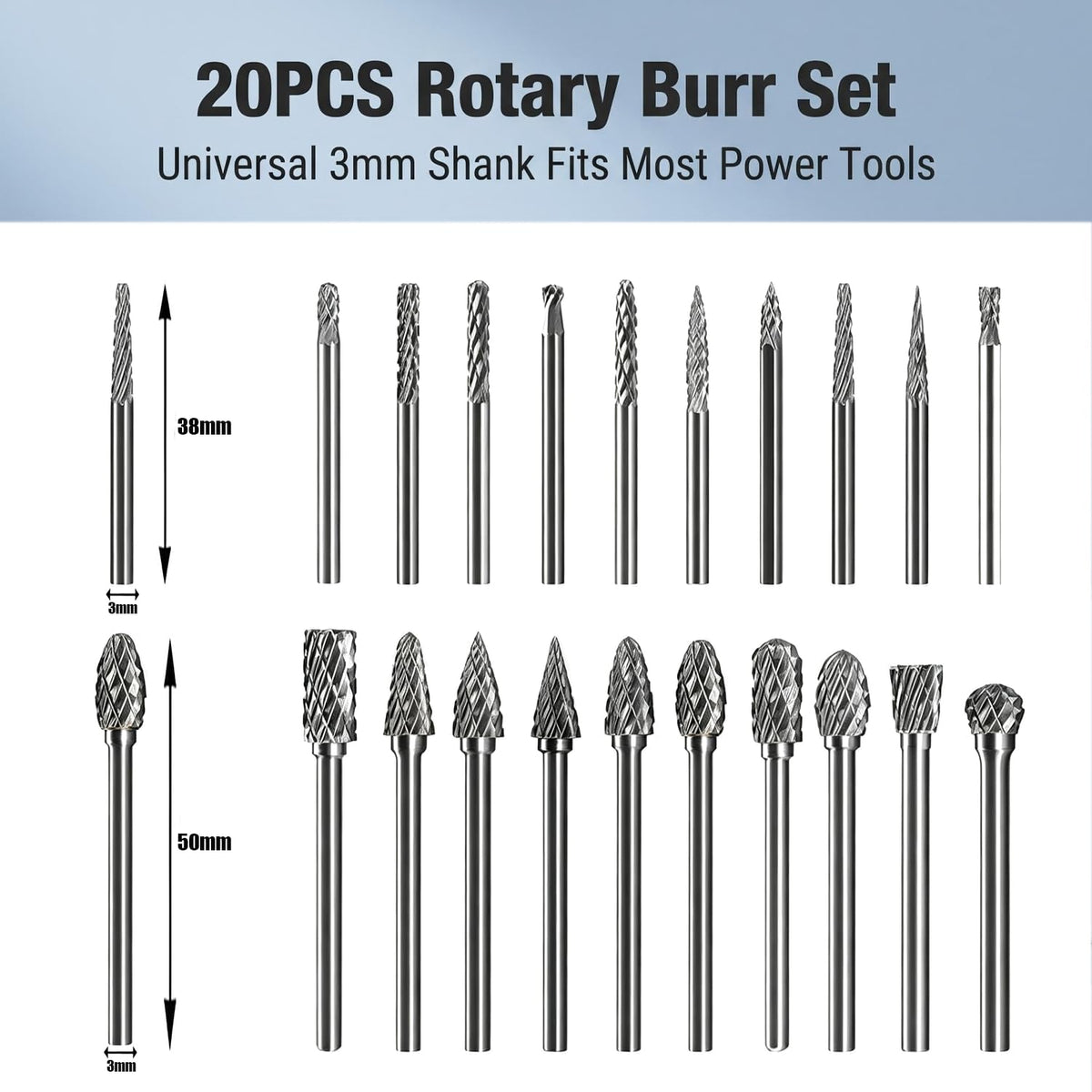 QUQUS 20 PCS Carbide Burr Bits Set for Dremel, Double Cut with 1/8" Shank