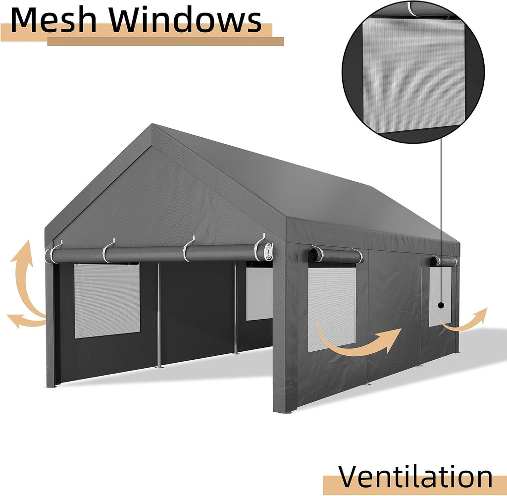 JY QAQA Carport, 12x20 FT Heavy Duty Carport with Removable Side Walls and Doors, Portable Garage with Roll-Up Window