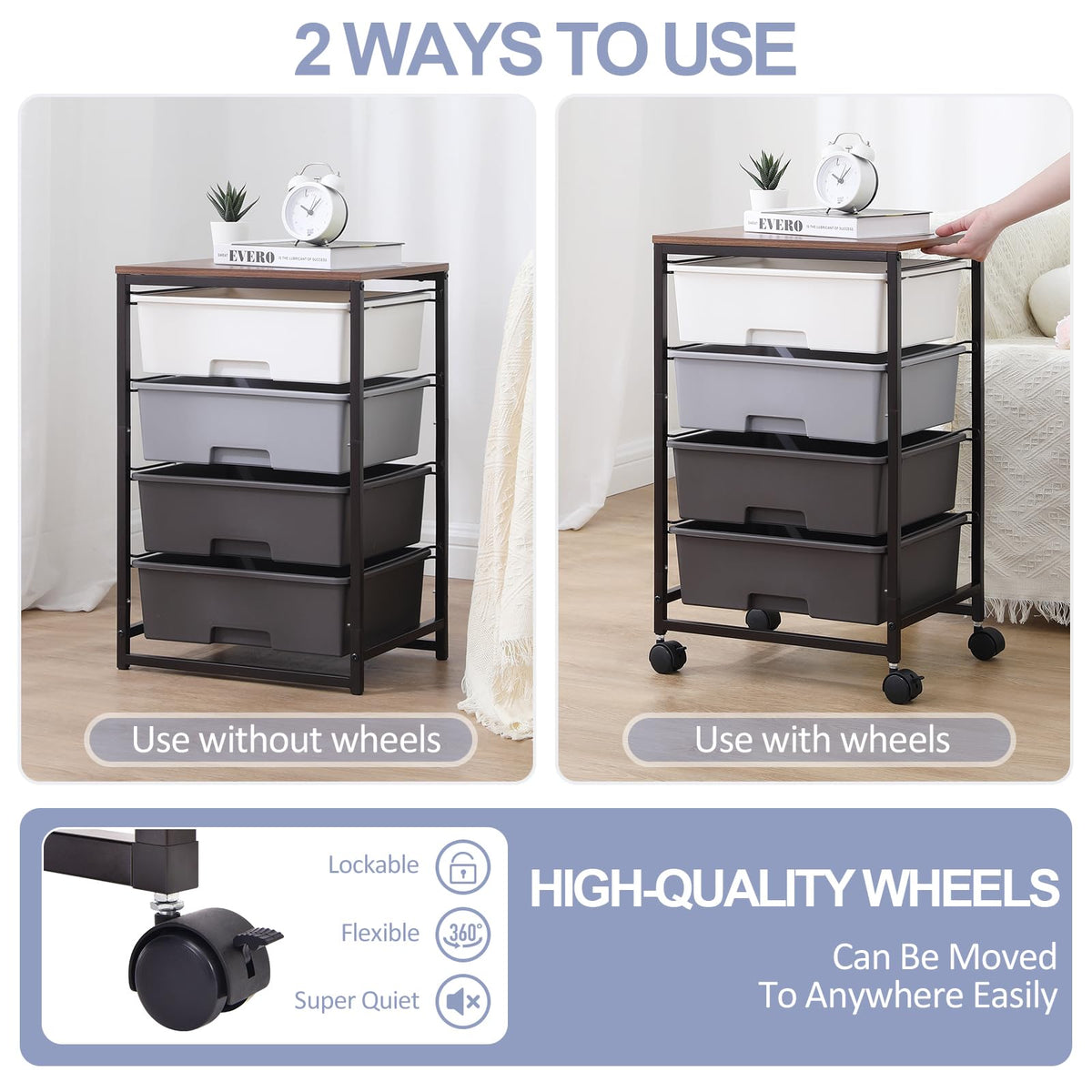 Rolling Cart with Drawers, 4-Drawer Utility Cart, Light Grey
