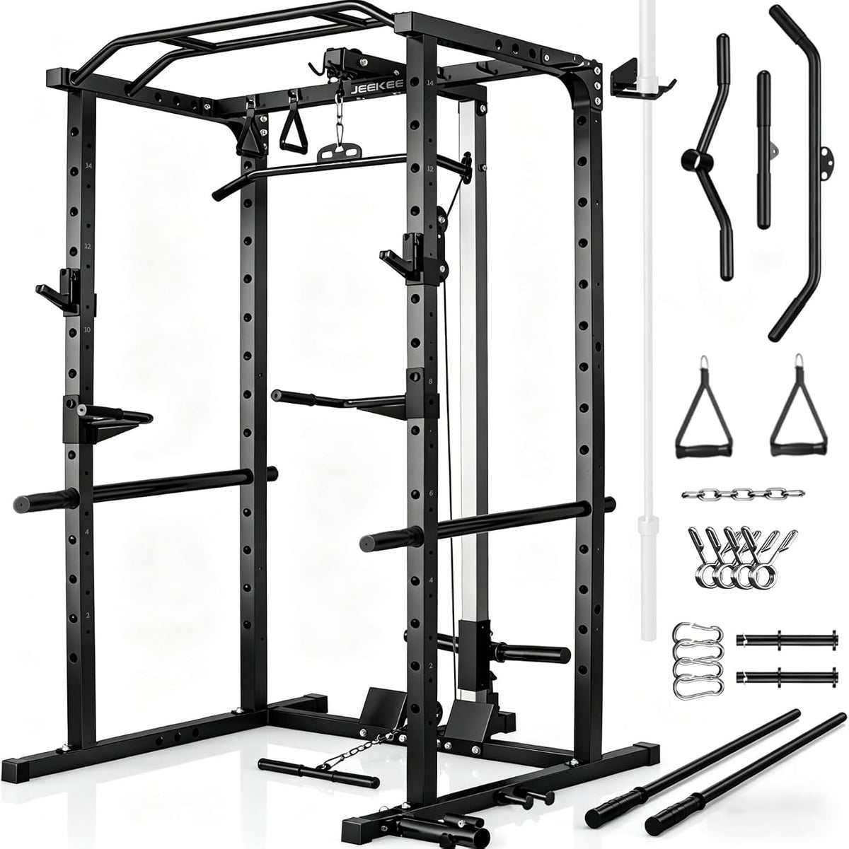 Power Rack with LAT Pulldown, 2000LBS Power Cage with Cable System, Multi-Function Squat Rack with J-Hooks, Safety