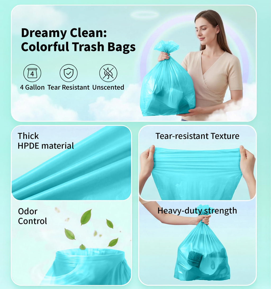Small Trash Bags 4 Gallon, 0.86 Mil, Unscented, Blue, 150 Count