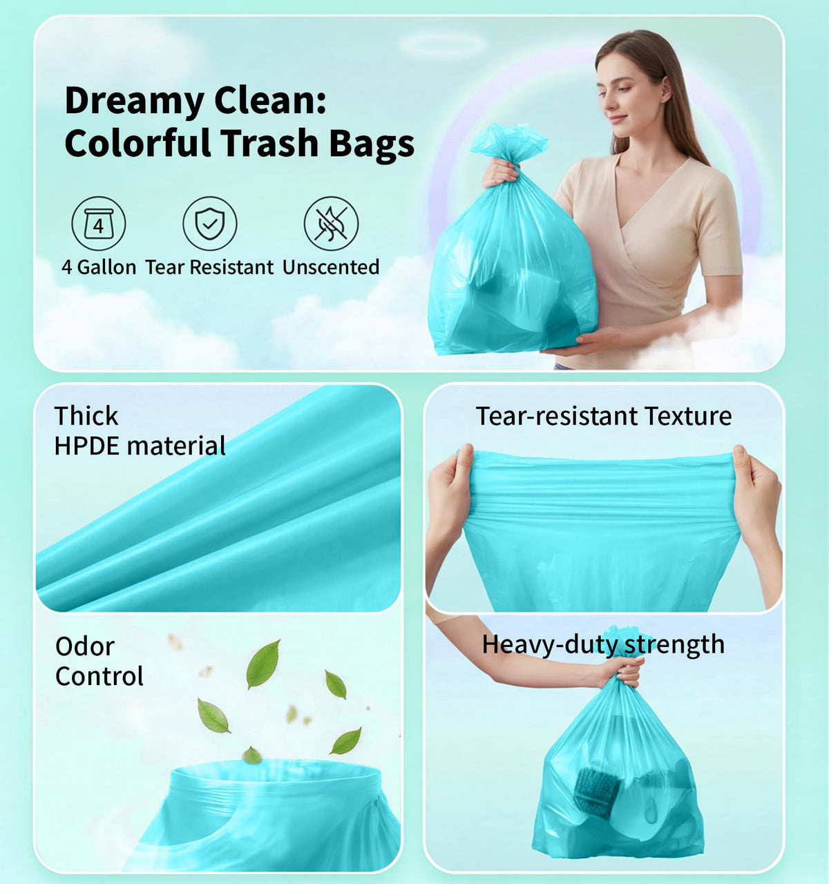 Small Trash Bags 4 Gallon, 0.86 Mil, Unscented, Blue, 150 Count