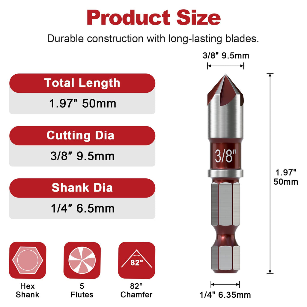 APIOLO Countersink Drill Bit-82 Degree, 5 Flutes High Speed Steel Countersink Bits, with 1/4 Inch Quick-Change Hex Shank, 3/8 Inch Sizes, for Metal, Wood, Plywood, Plastic
