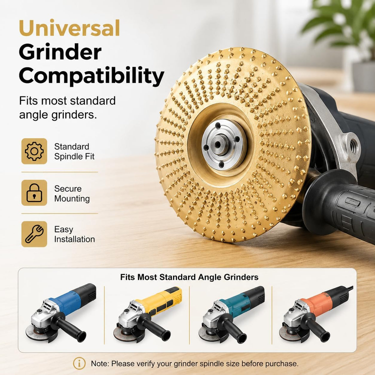3PCS Wood Carving Disc Set, Tungsten Carbide Grinding Wheel Attachments for 4" & 4.5" Grinders, Wood Shaping Sanding Polishing Discs for Woodworking (Flat + Inclined + Curved, 22mm Arbor, Golden)