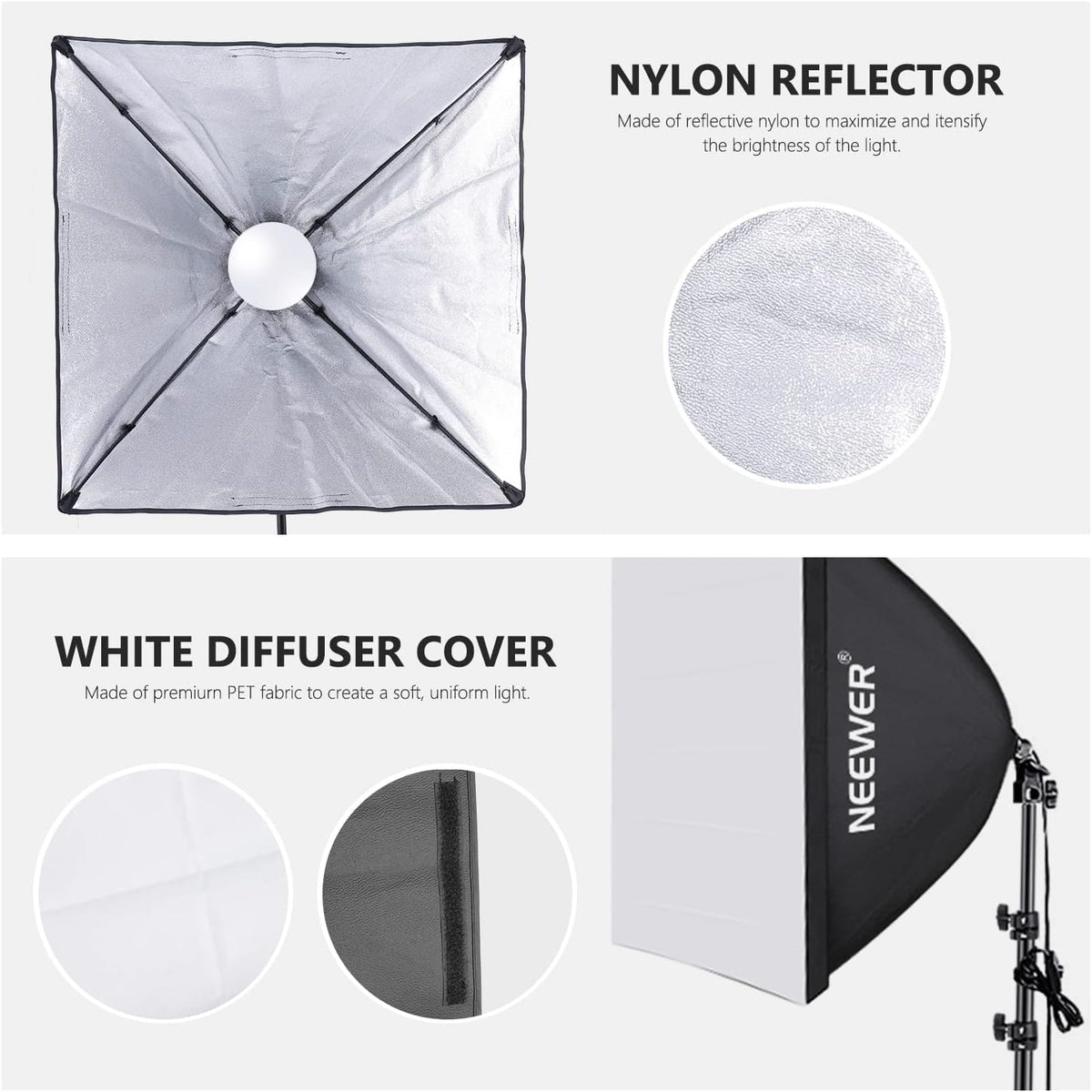 700W Equivalent Softbox Lighting Kit, 2Pack UL Certified 5700K LED Lighting Bulbs, 24x24 inches Softboxes with E26