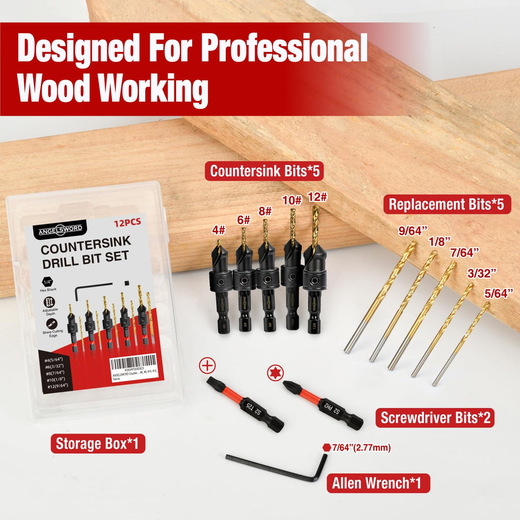 ANGELSWORD Countersink Drill Bit Set for Wood,13pc Count Sink Drill Bit Set