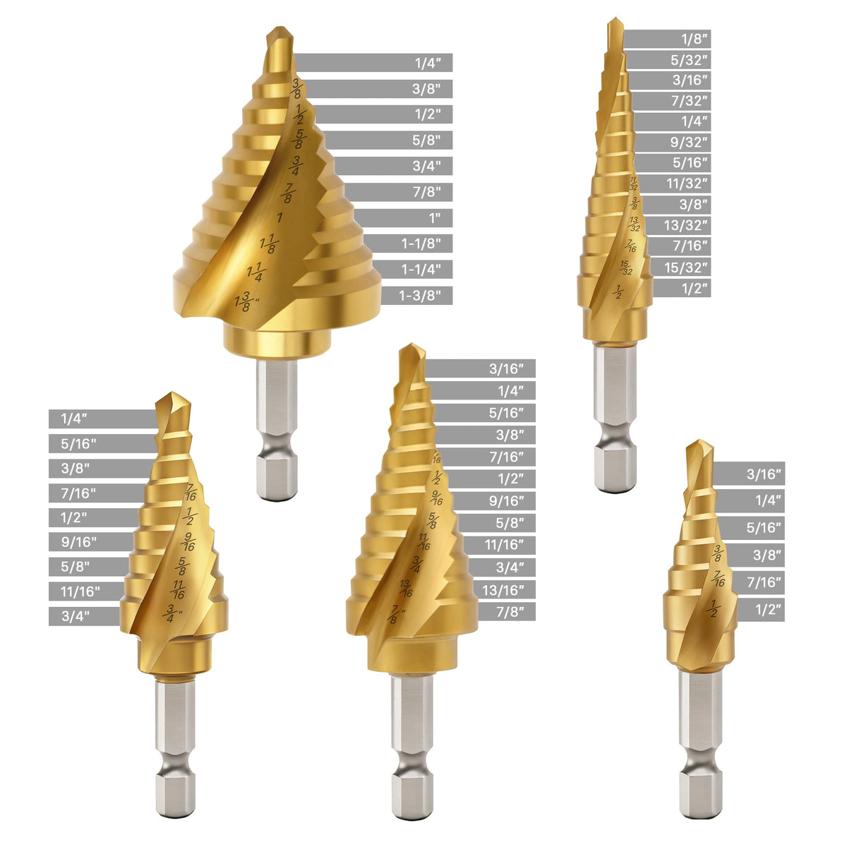 OSTTE Step Drill Bits with Two Spiral Grooves, 5PCS