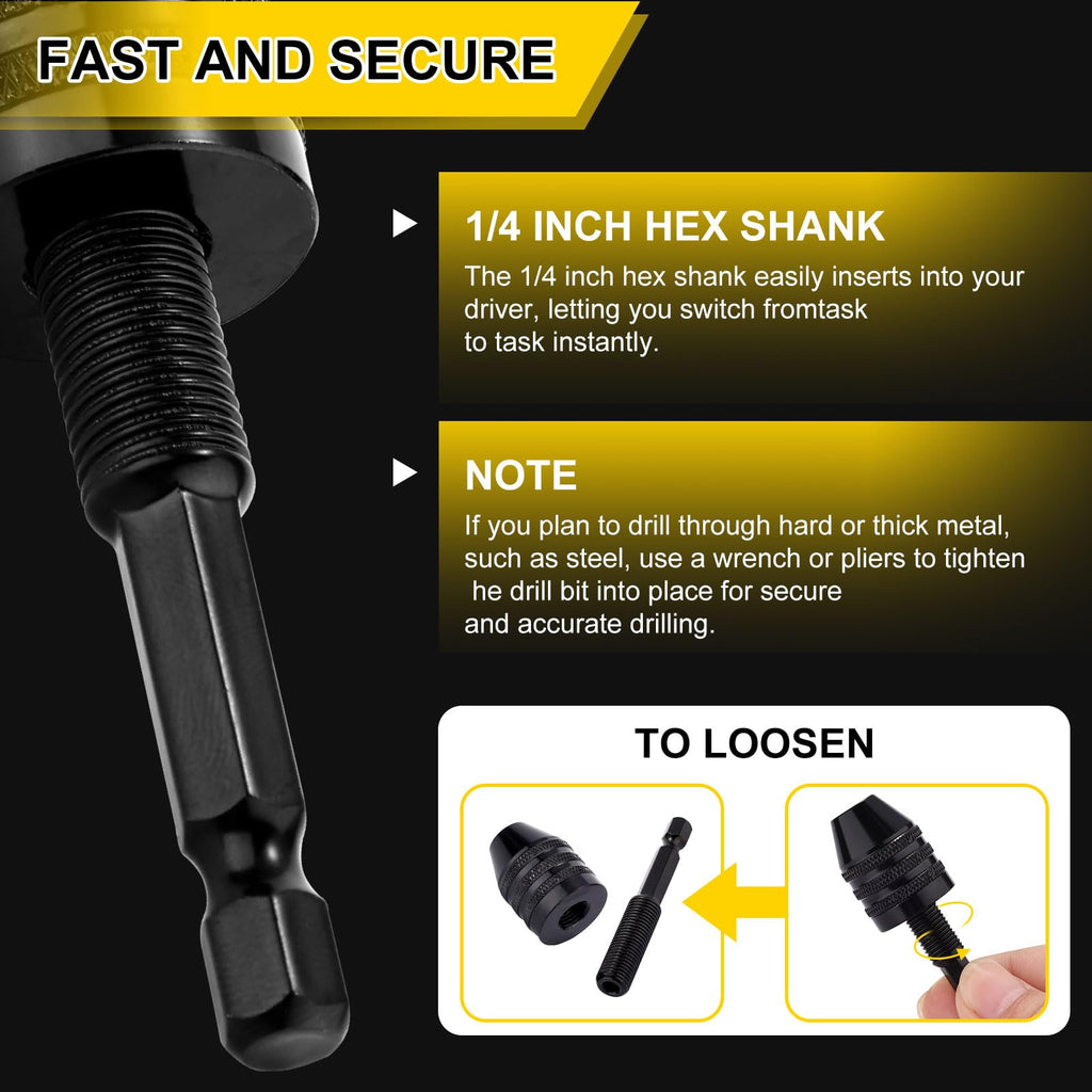 Valkynos 2Pcs Drill Chuck Adapter Keyless, 1/4 Inch Hex Shank Drill Bit Adapter Converter for Impact Driver, Quick Change Impact Drill Chuck Adapter in 0.6-8mm, 0.3-3.6mm for Tool Attachment