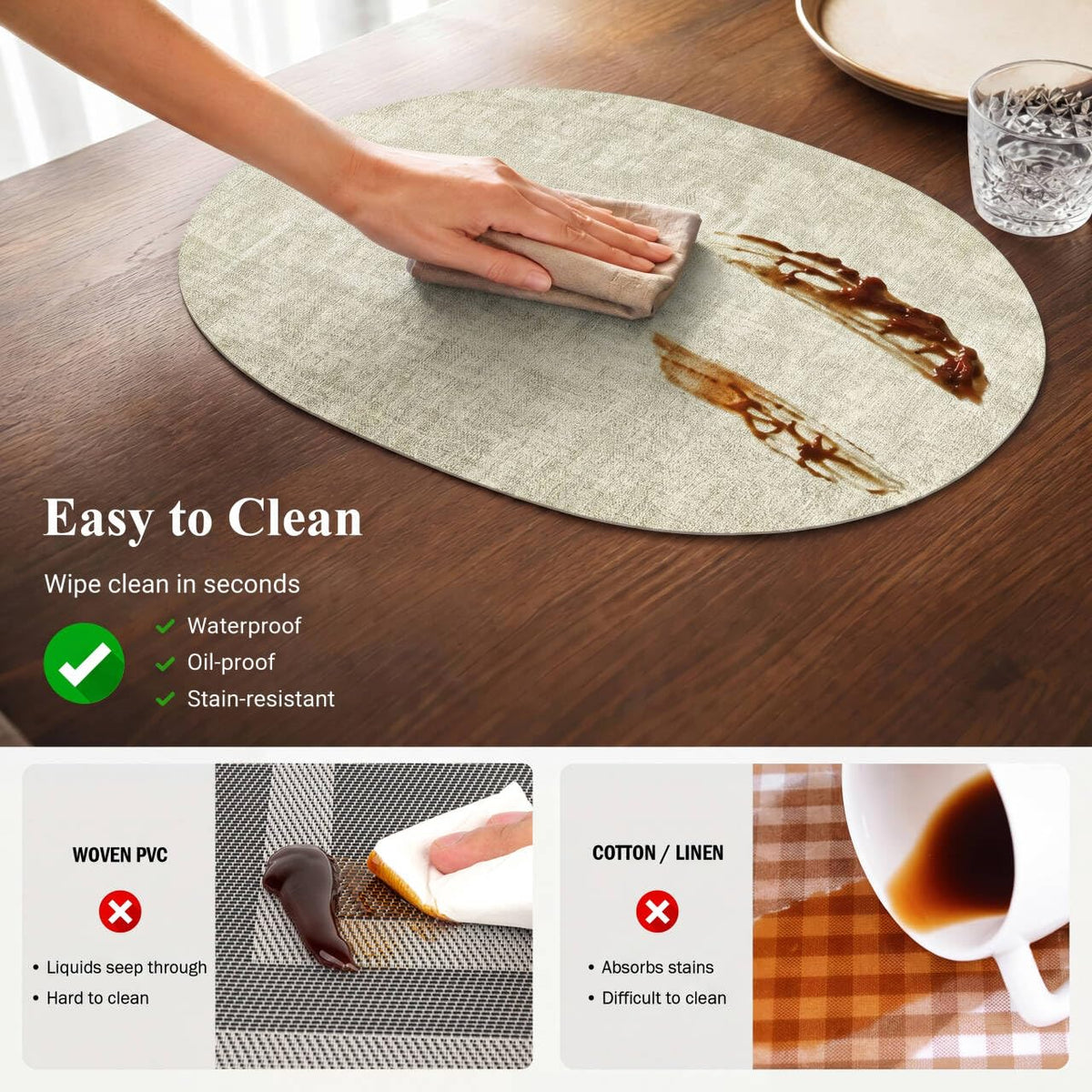 Faux Leather Oval Placemats Set of 6, Sage Green