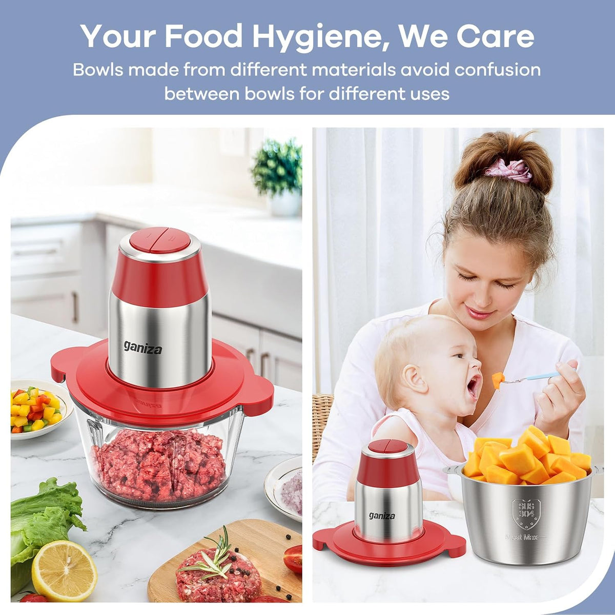 Food Processors with 2 Bowls, 450W Meat Grinder Vegetable Chopper | 2-Speed Electric Food Chopper with 8 Cup Glass &