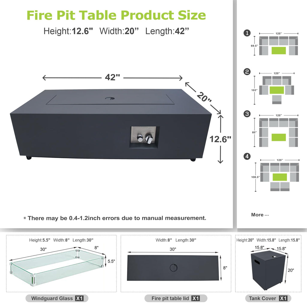 2-Piece 42" Rectangular Propane Fire Pit Table for Outside Patio 50,000 BTU