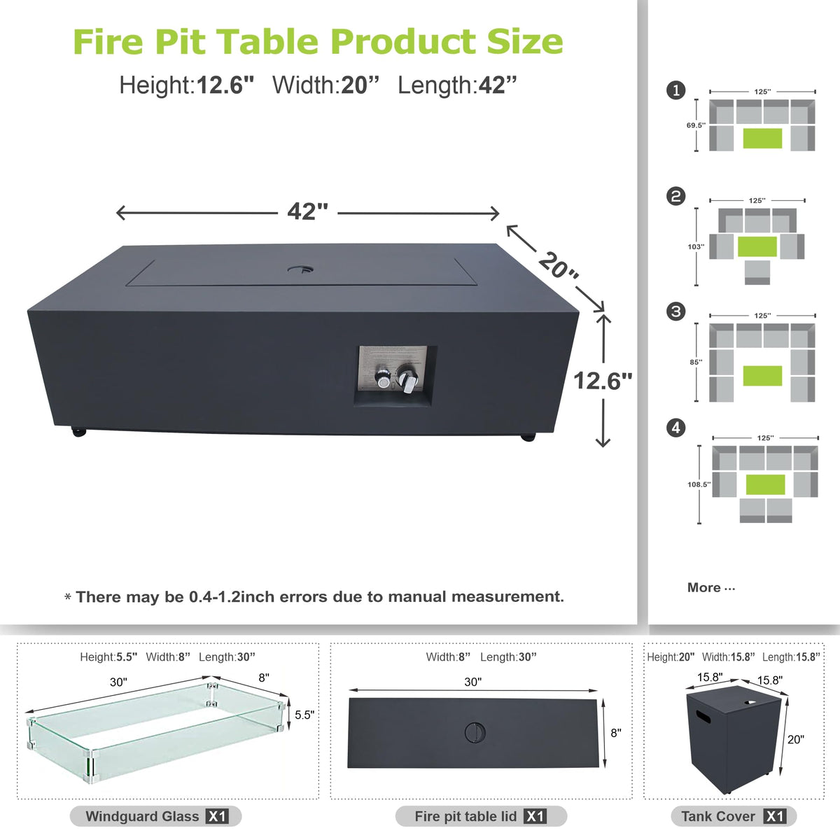 2-Piece 42" Rectangular Propane Fire Pit Table for Outside Patio 50,000 BTU