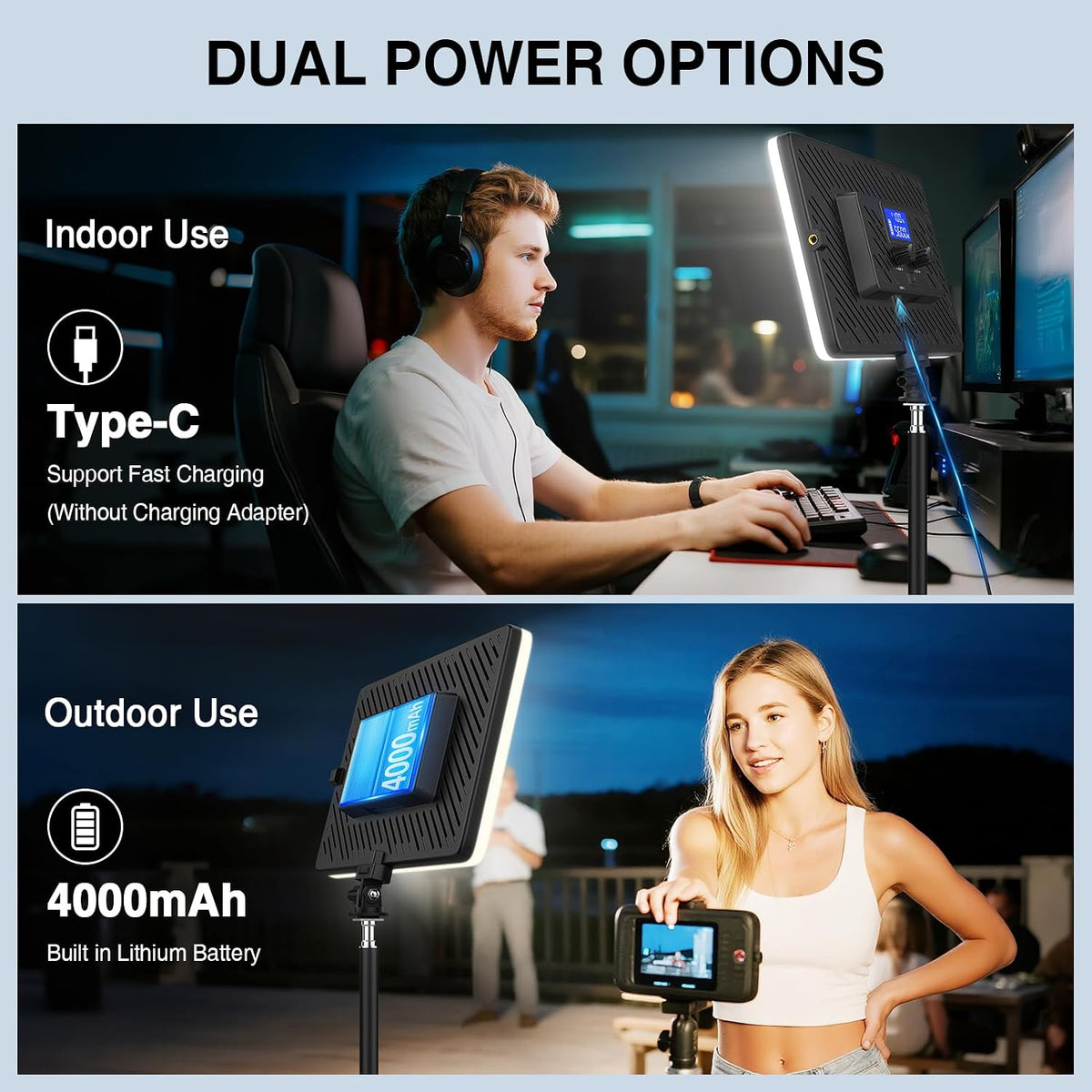 20W LED Video Photography Light Panel, Type C& Built-in 4000mAh | Portable Camera Soft Light, Built-in 4000mAh