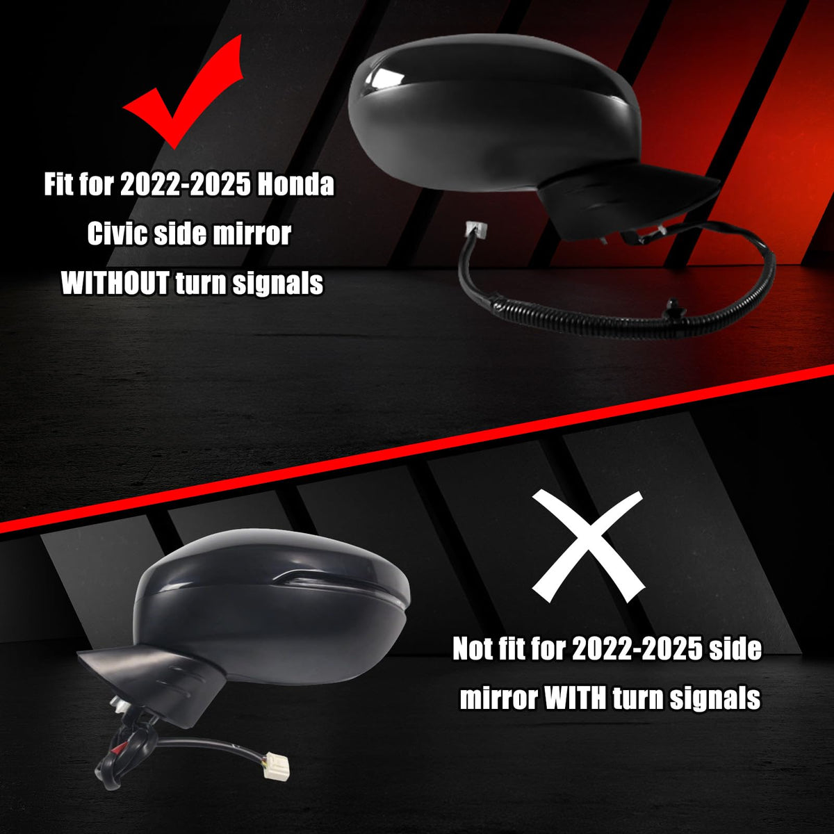 Black Lower Mirror Cover Replacement for 2022-2025 Honda Civic 11th W/O Turn Signals, Side Mirror Bottom Cover Caps (Left Driver Side)