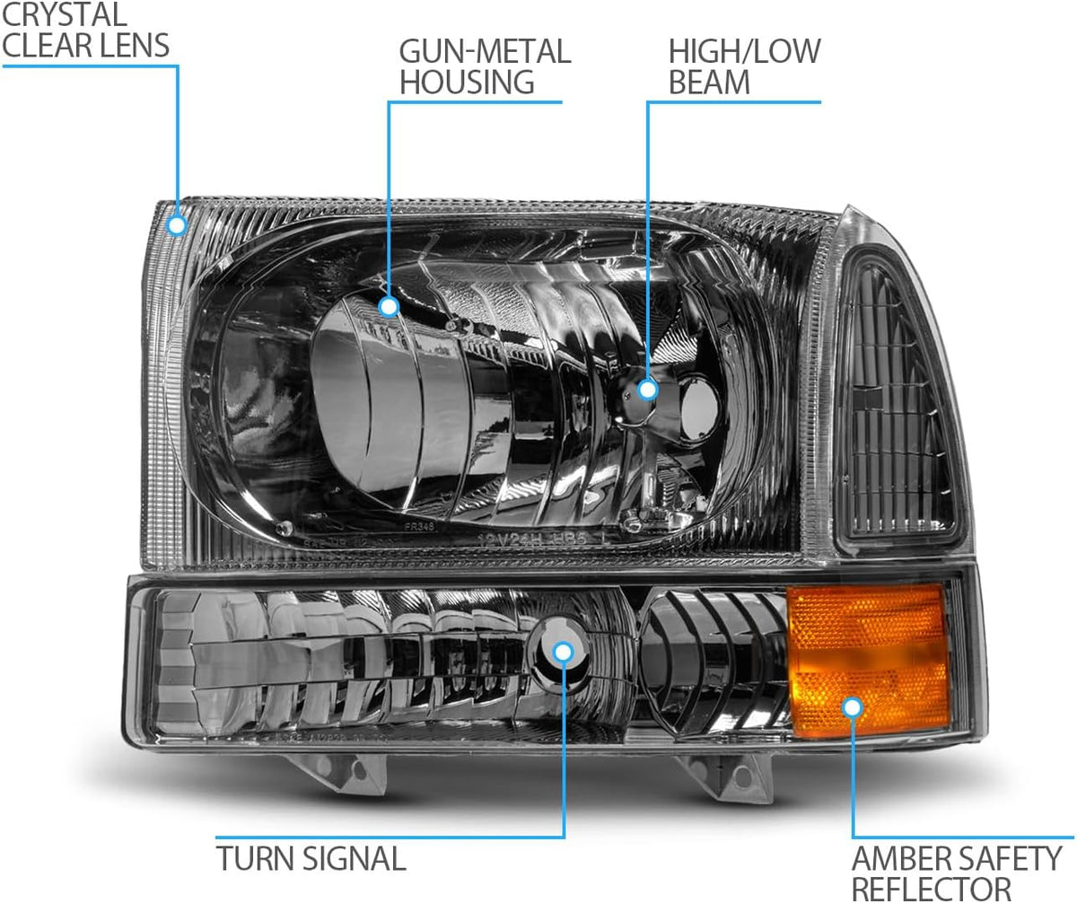 AmeriLite for 1999-2004 Ford Super Duty F250 F350 F450 F550 | Excursion Factory Style Gun-Metal Replacement Headlights w/Corner Bumper Set - Passenger and Driver Side