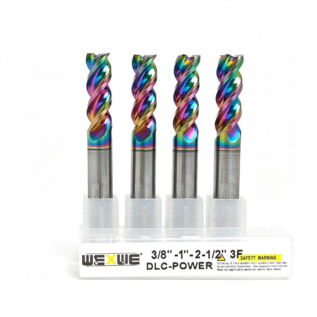 WEXWE Tools Carbide End Mills,DLC Coating CNC Mill Bits for Aluminum, Composite Materials, 3 Flute, 3/8 Shank(.375(3/8)", 4pcs)