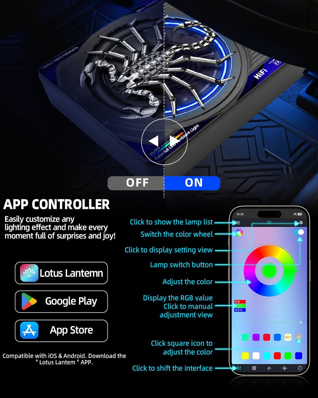 2000W 10 Inch Underseat Car Subwoofer and Amp Package, Slim Powered Under Seat Sub with Built-in Class D Amp, RGB