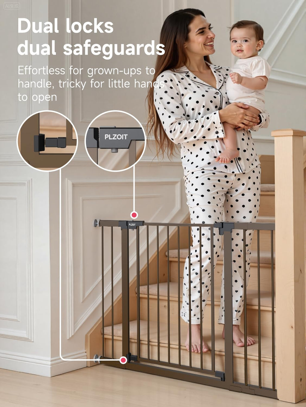 29.5-46" Extra-Tall & Extra-Wide Adjustable Hardware/Pressure-Mounted Pet & Child Safety Gate with Auto-Close Walk-Through Door for Stairs, Hallways & Wide Doorways