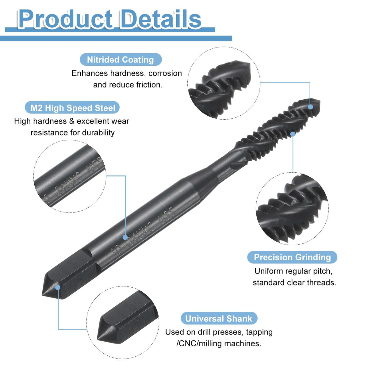 uxcell 2pcs Spiral Flute Thread Taps 10-24 UNC H2 Machine Threading Tap Bit, Nitrided Coated Screw Tapping Repair Tool, M2 High-Speed Steel (HSS6542)
