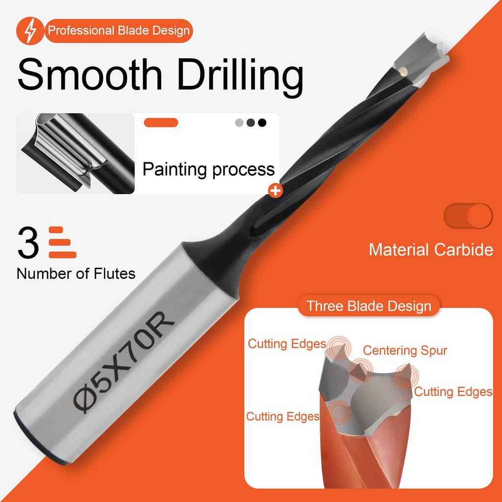 TANOMATE 5mm Diameter Carbide 3 Flute Drills Brad Point Boring Bit, 5mm Dia × 70mm Long × 10mm Shank Left Hand