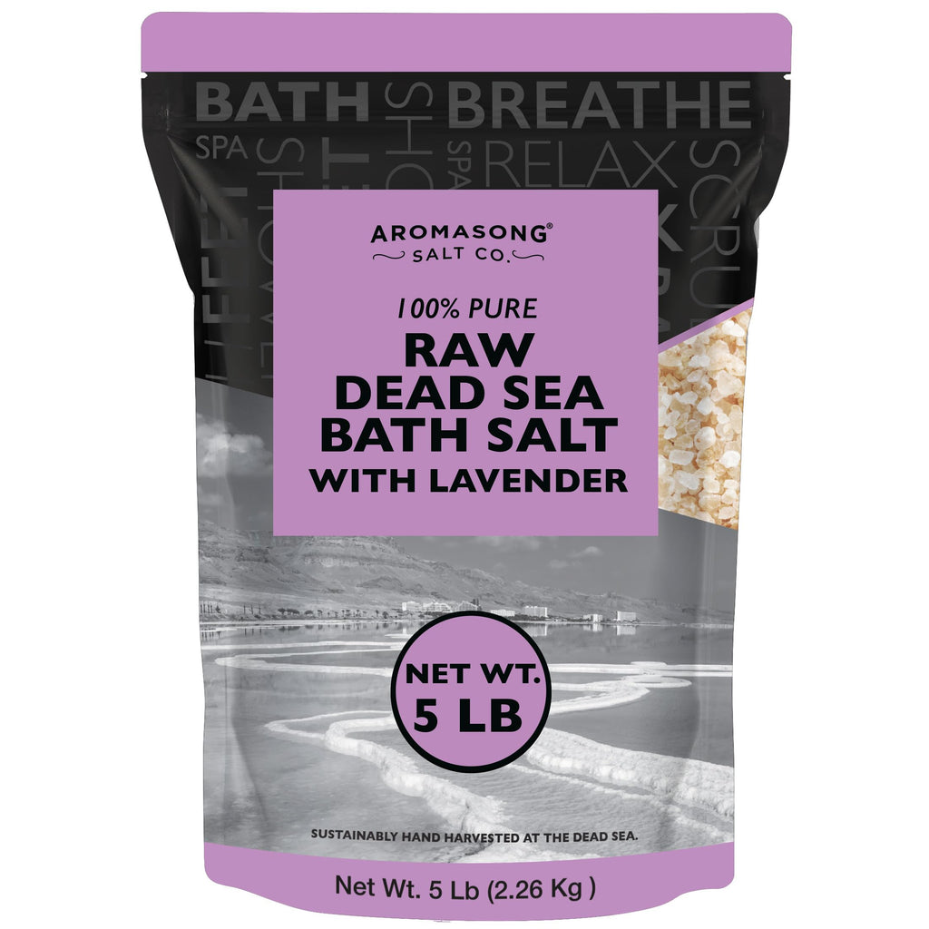 Pure Raw Dead Sea Salt for Soaking with 100% Natural Lavender, 5 LB - Spa Bath Salt Fine Grain - Body Wash Scrub