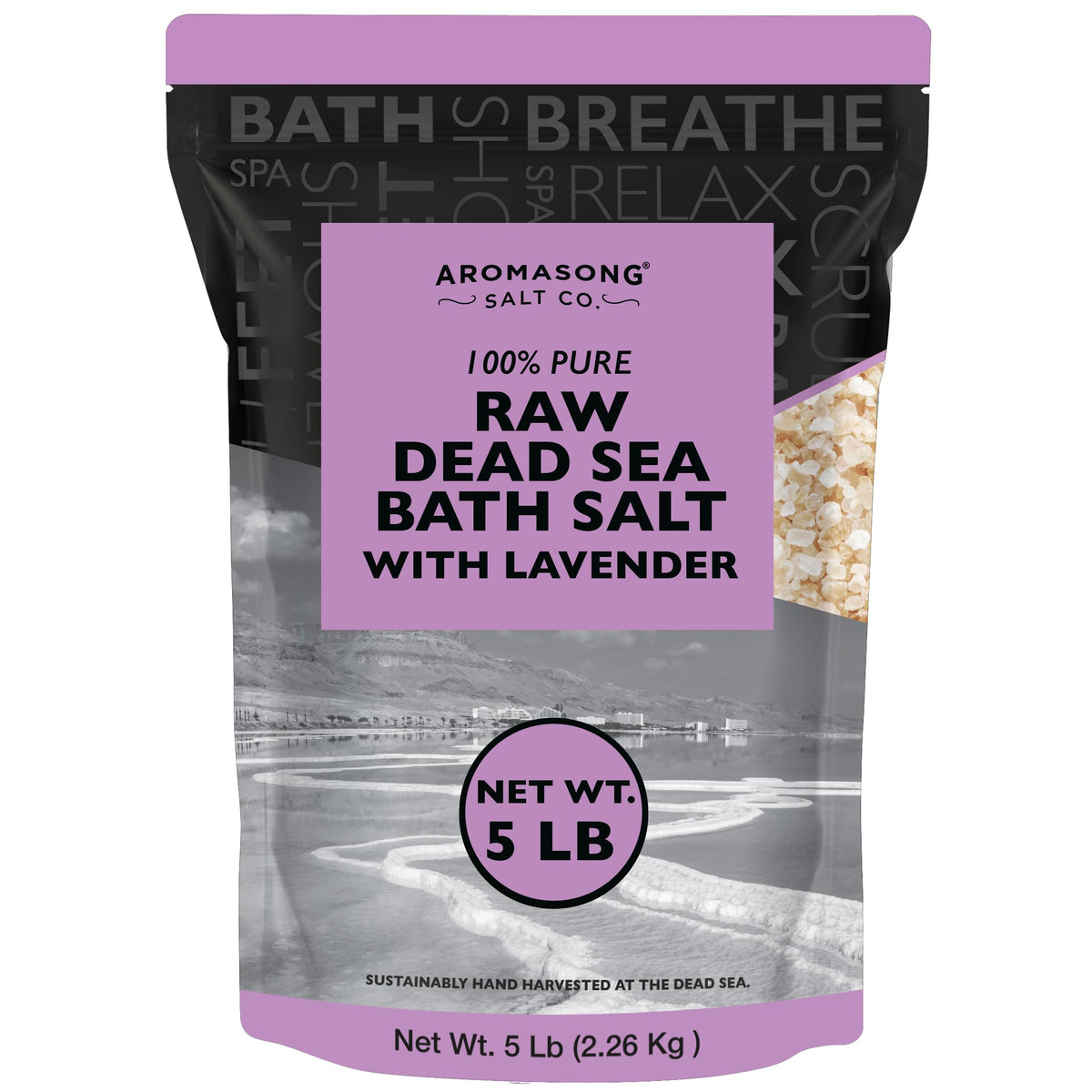 Pure Raw Dead Sea Salt for Soaking with 100% Natural Lavender, 5 LB - Spa Bath Salt Fine Grain - Body Wash Scrub