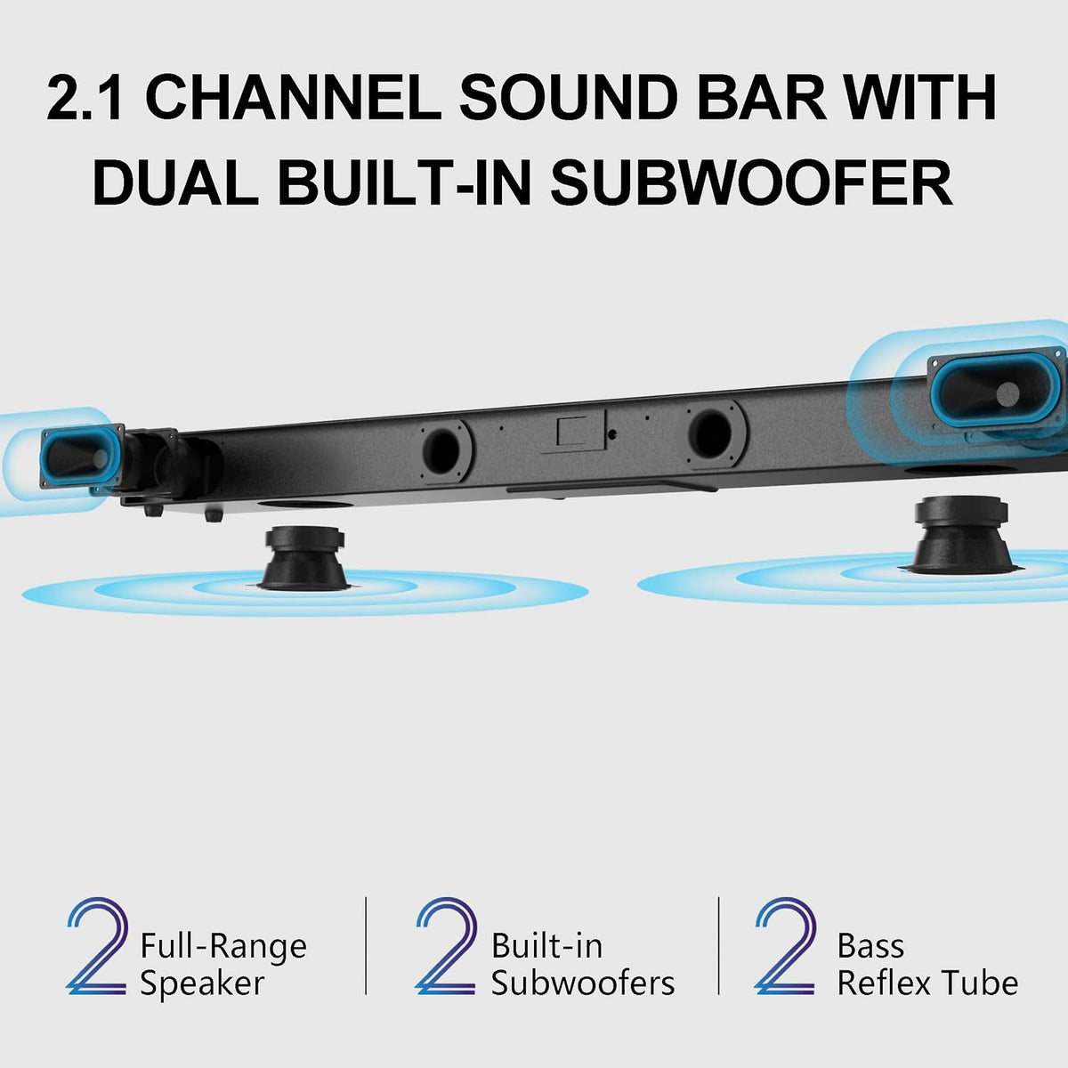 2.1 Soundbar with Dual Built-in Subwoofers for TV, 36 Inch | Dual down-firing subwoofers, 140W output, 4 EQ modes