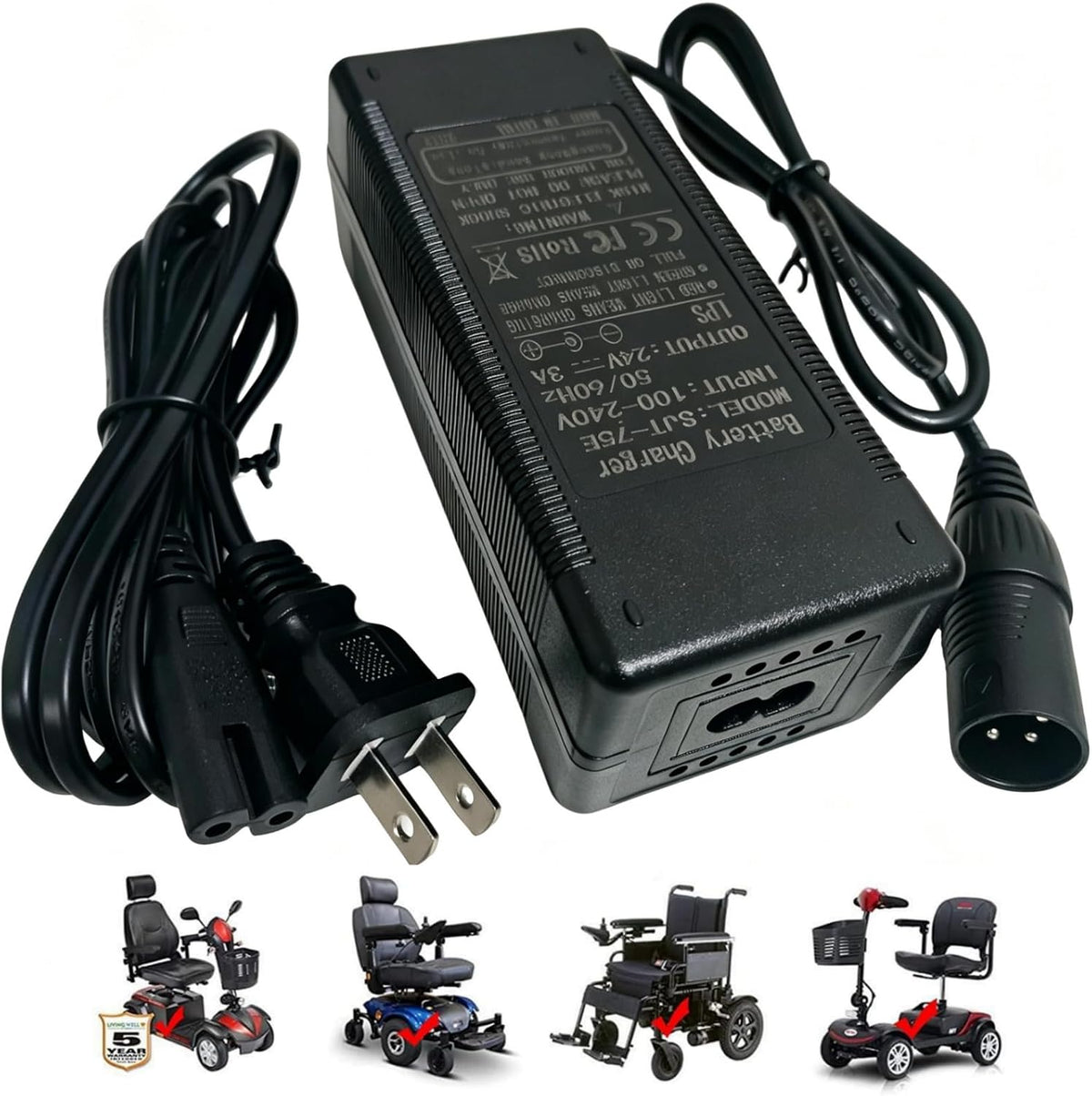 [Verified] 24V 3A Charger 3-Pin XLR for Electric Wheelchair Pride Mobility GoGo Scooter Go-Go Traveller, for Drive Medical, Ezip, Jazzy Power Chair, Shoprider, GT, Rascal, Schwinn, Vive, Mongoose