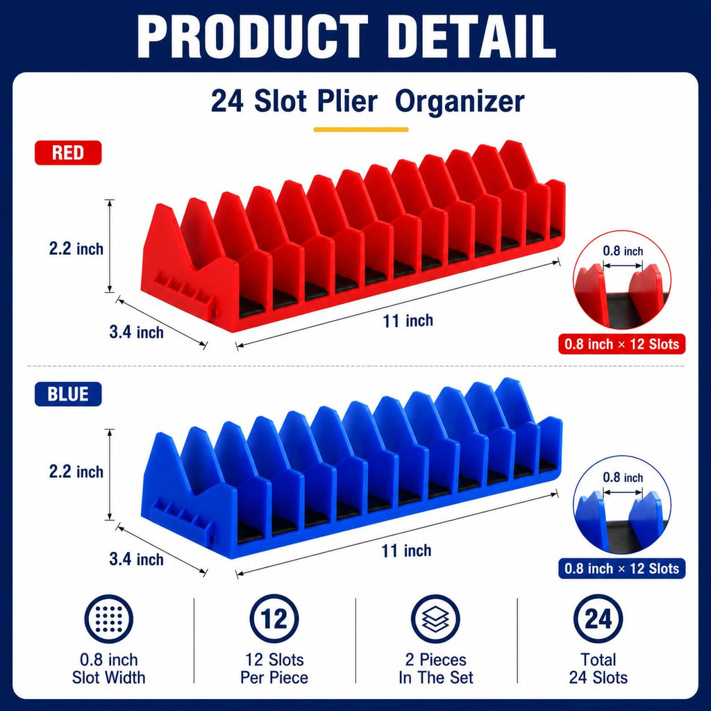 Plier Organizer Rack for Toolbox Drawer, 24-Slot Pliers Holder with Magnetic Base, Low Profile Tool Drawer Organizer