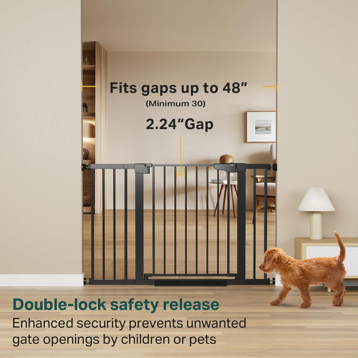 30-48" Adjustable Hardware/Pressure-Mounted Pet & Child Safety Gate with Auto-Close Walk-Through Door for Stairs, Hallways & Wide Doorways — Black