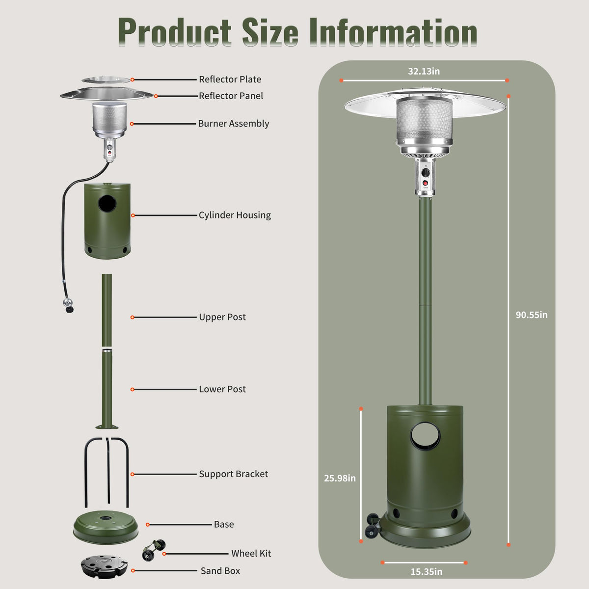Evergreen 50,000 BTU Propane Patio Heater with Wheels, Outdoor Gas Heater with Water/Sand Weighted Base, Adjustable