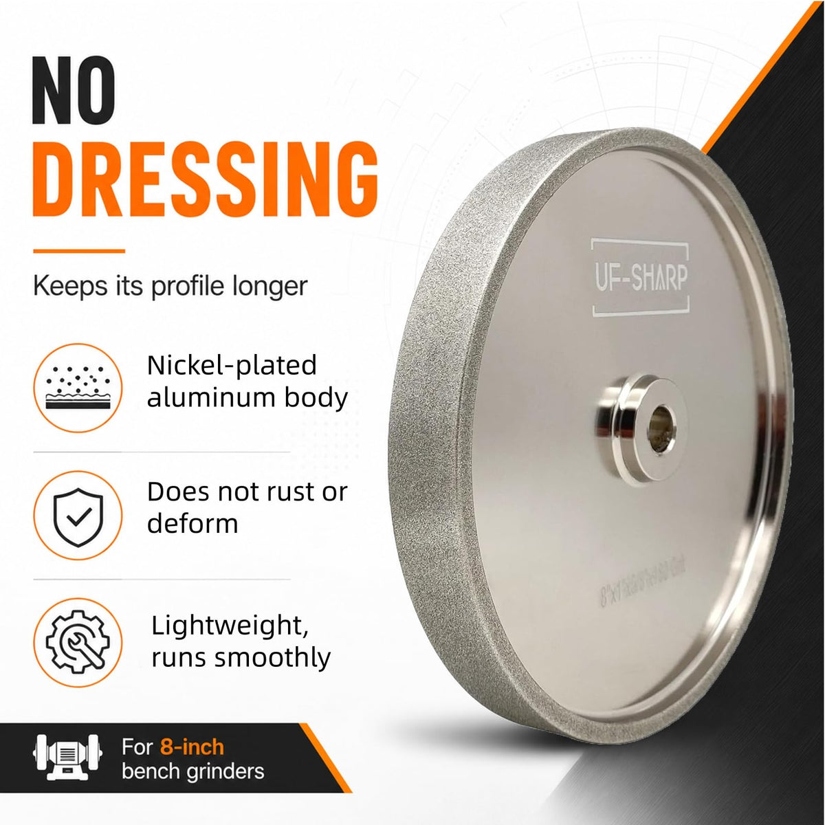 UF-Sharp CBN Grinding Wheel 8 inch 600 Grit, 1" Wide, 5/8" Arbor