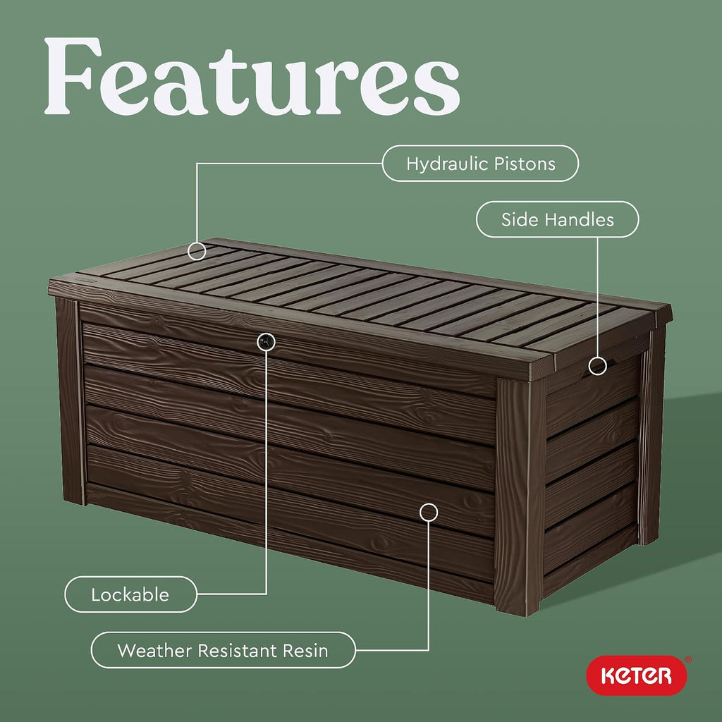 Westwood 150 Gal Outdoor Storage Box for Patio and Pool Accessories | Brown, Resin, Large, Weatherproof, Lockable