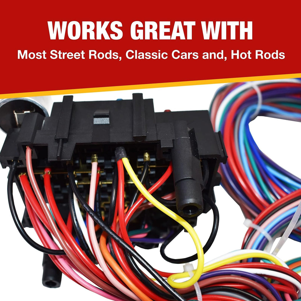 A-Team Performance 21 Standard Circuit Universal Automotive Wire Harness Kit - Fuse Panel & Relay Tester - Light Wiring Kit & LED Harness - Muscle Car & Hot Rod - PVC & GM Turn Signal Connector