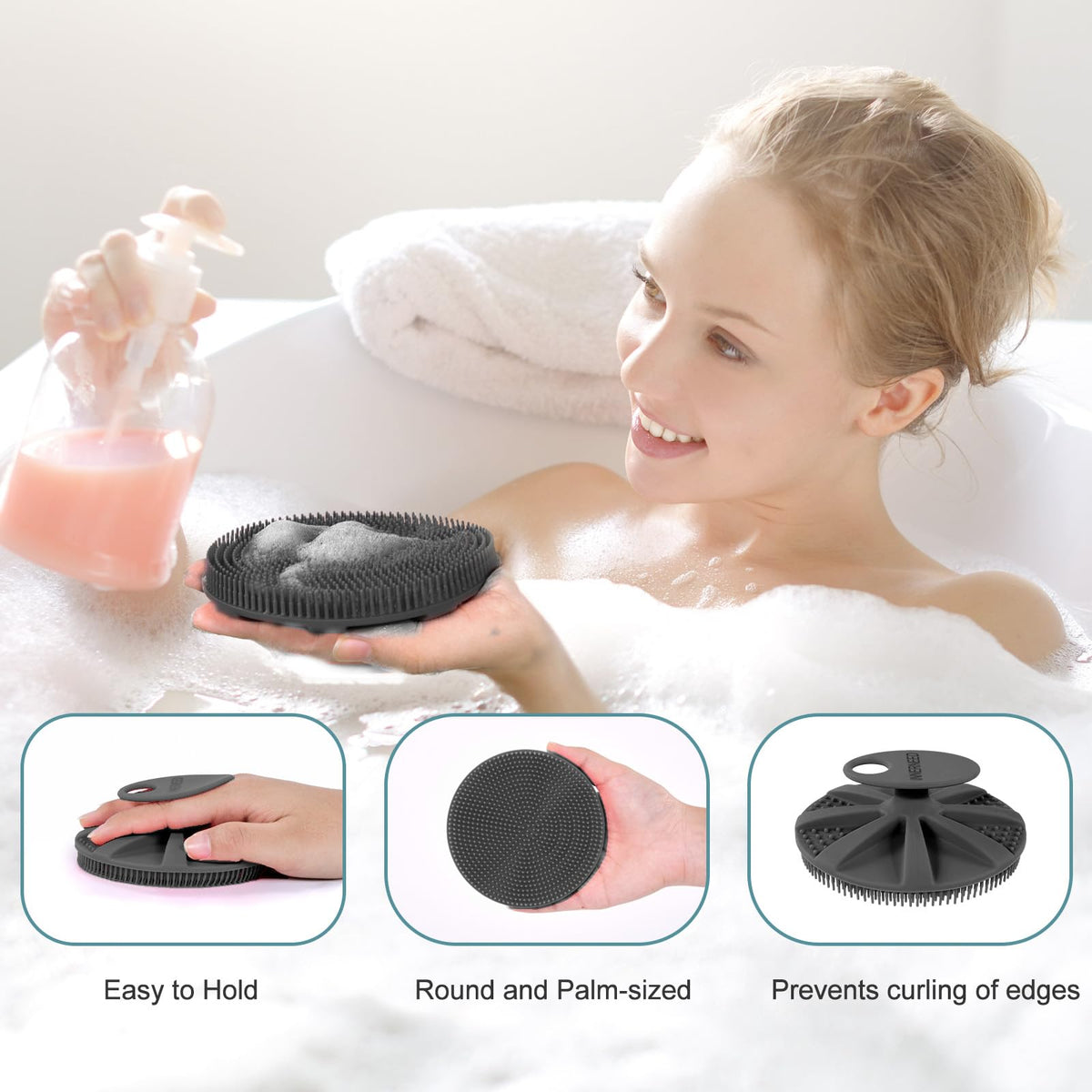 Food-Grade Soft Silicone Body Scrubber Shower Brush, Black+Gray