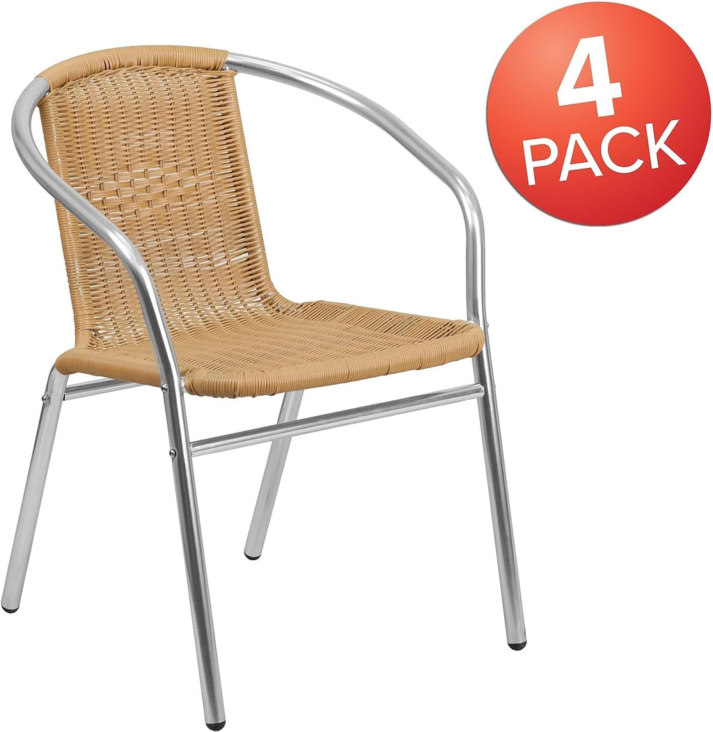 Lila 4 Pack Commercial Aluminum and Beige Rattan Indoor-Outdoor Restaurant Stack Chair