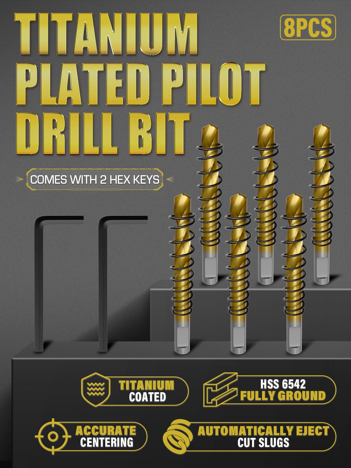 Pilot Drill Bits for Hole Saws, 6 PCS, M2 Steel 15/64"×2-11/16"(6-68mm) Titanium Coated Each one with a Spring, Plus Two Wrenches. Suitable for Drilling Center Holes in Iron, Wood, Steel, and Plastic