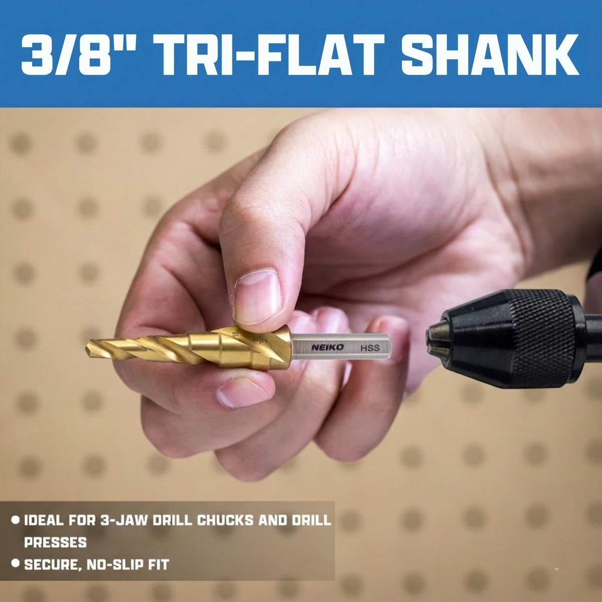 NEIKO 10612A Step Drill Bit, 10 Steps 1/4" to 1-3/8" Spiral High Speed Steel, Titanium Nitride Coated, 3/8" Tri Flat Step Bits for Steel, Metal, Wood, Plastic, Unibit Cone Drill Bits, Two Flute