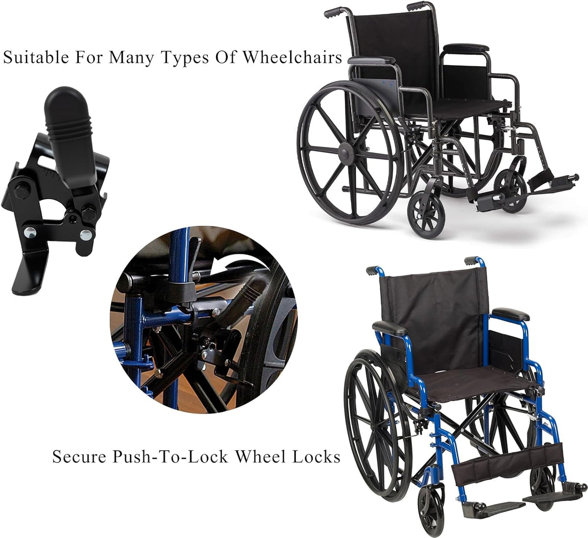 Wheelchair brakes, Universal Brake, Replacement Parts, One-Handed Operation, Suitable For Most Manual Wheelchairs (1 Pair, Black)