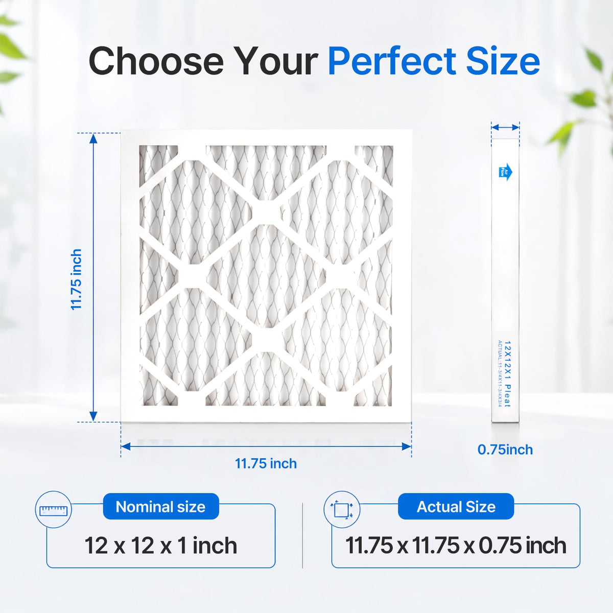 12×12×1 MERV 8 Furnace Air Filters - HVAC/Furnace AC Filter Replacement (Actual Size 11.75x11.75x0.75) - Pleated Dust