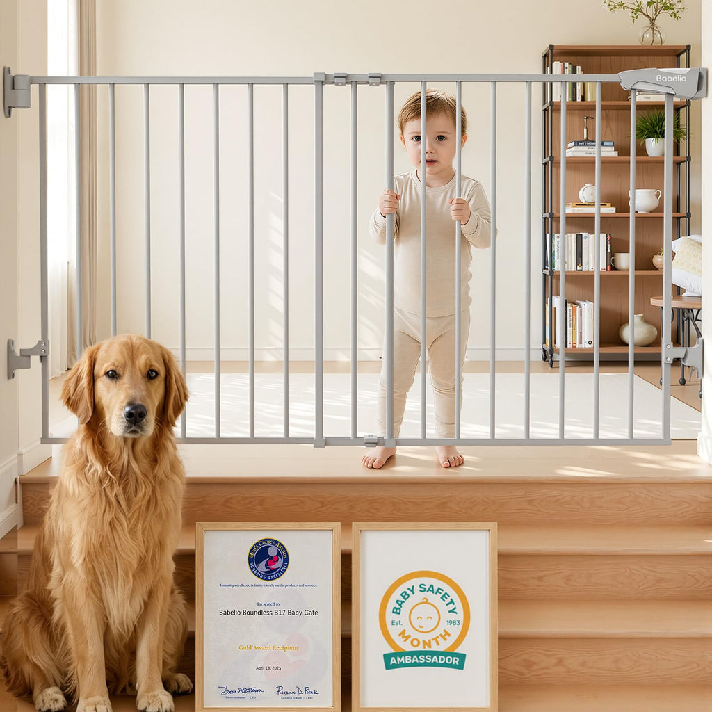 31.5-55" x 28" H Extra-Wide Adjustable Hardware/Pressure-Mounted Pet & Child Safety Gate with Dual-Lock Walk-Through Swing Door for Stairs, Hallways & Wide Doorways — Grey