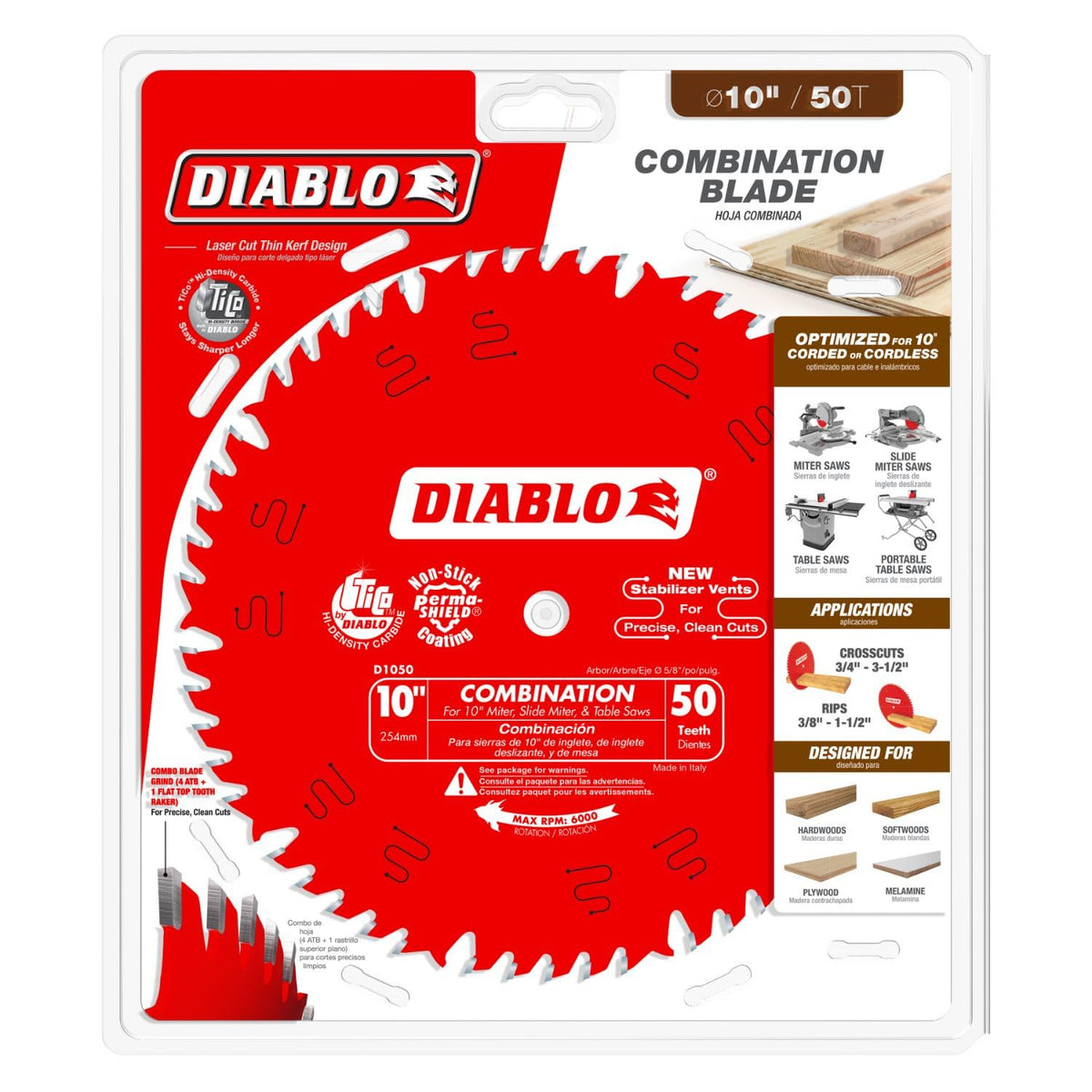 Diablo Combination Saw Blade for Wood - 10" Dia, 50 ATB Teeth, 5/8" Arbor