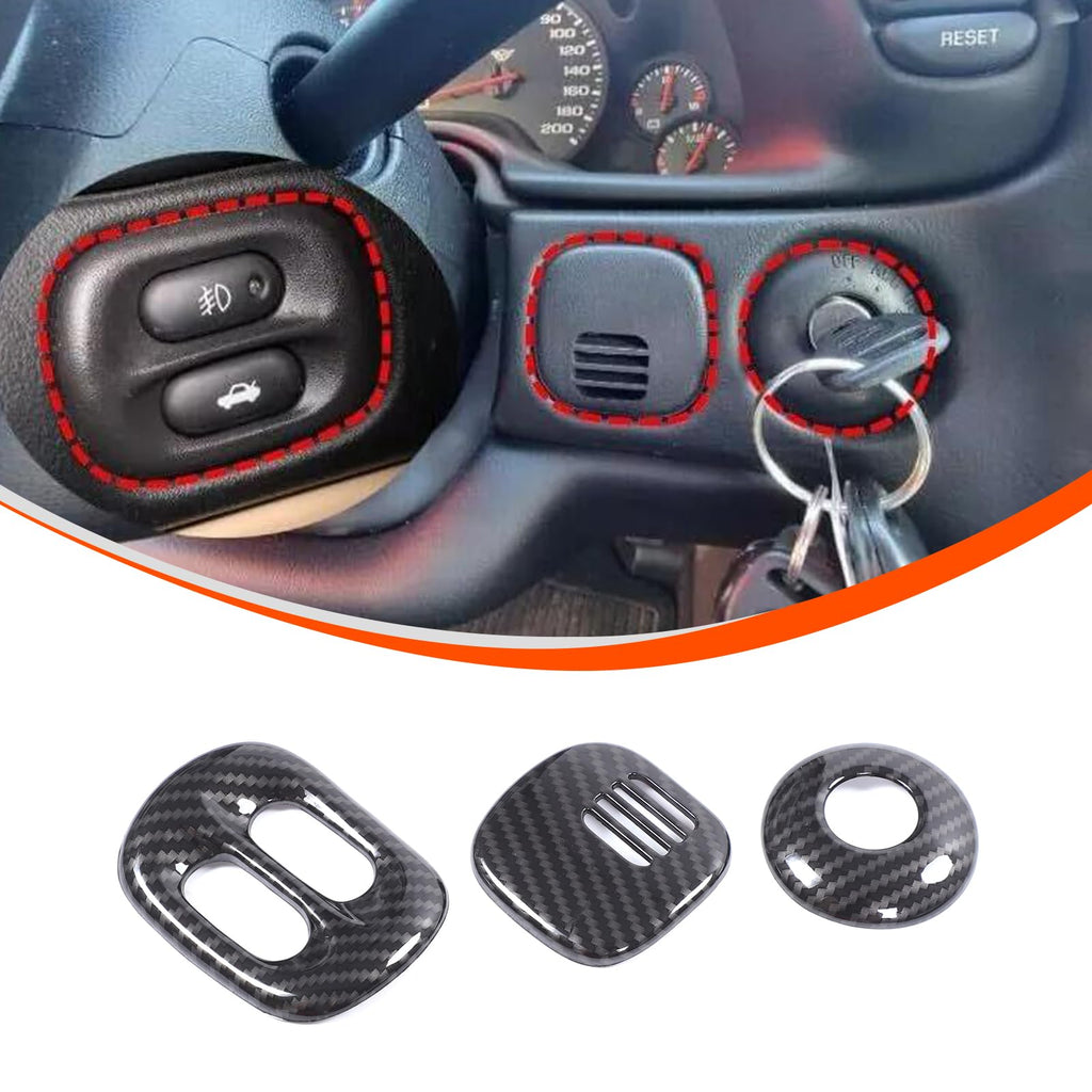 for Corvette C5 Dashboard Headlight Front Fog Button Start Keyhole Cover Trim Compatible with 1997-2004 Corvette C5 Accessories ABS Center Console Button Decorative Frame 3PCS (Carbon Fiber Style)