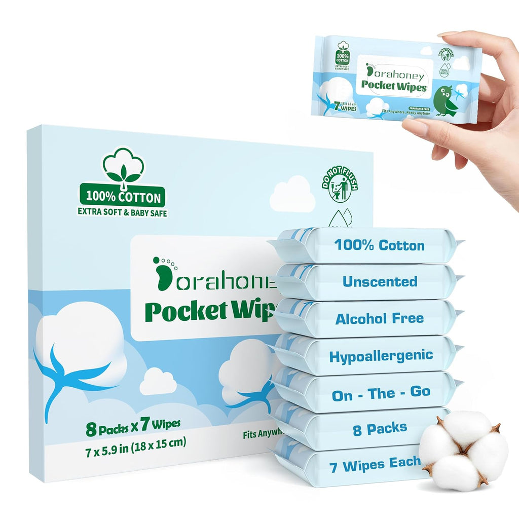 100% Cotton Travel Wipes for Sensitive Skin, 99% Purified Water Hypoallergenic Mini Wet Wipes, Unscented Pocket Wipes