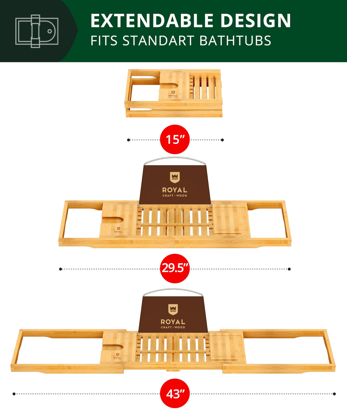 Premium Foldable Bathtub Tray Caddy - Wood Bath Tray for Tub, Bamboo Shelf, Expandable Bath Table Trays, Bathtub &