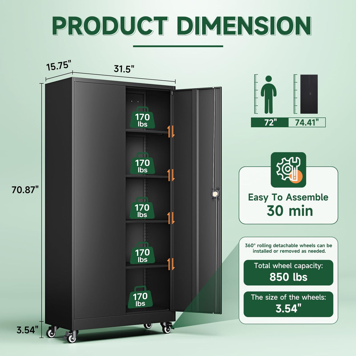 Metal Garage Storage Cabinets with Wheels,Steel Tool Cabinets Lock Door and Adjustable Shelves for